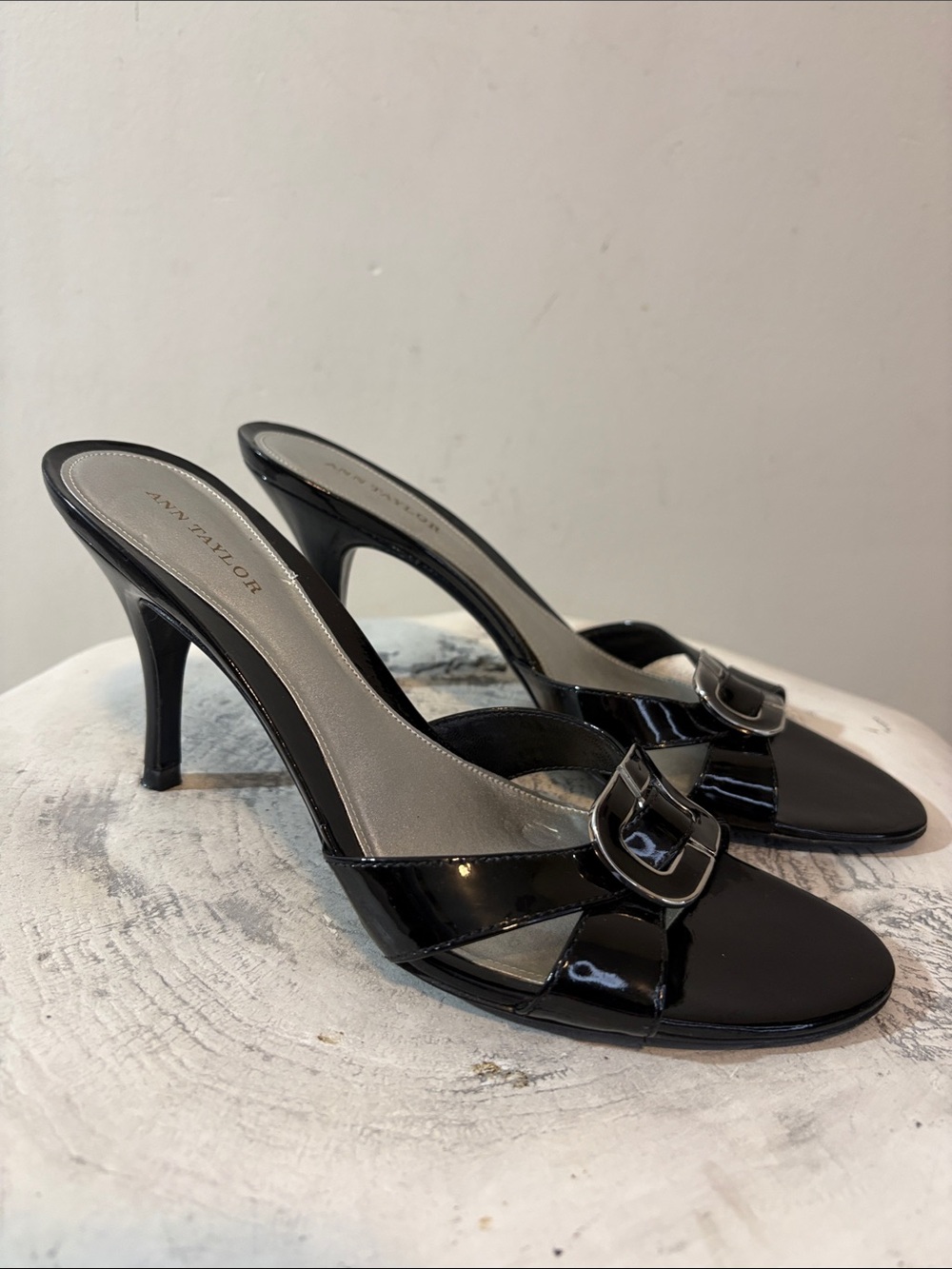 3.5โ Heel Stiletto Mule Slide Slip On Heel Timeless Buckle Patent Leather Shiny
